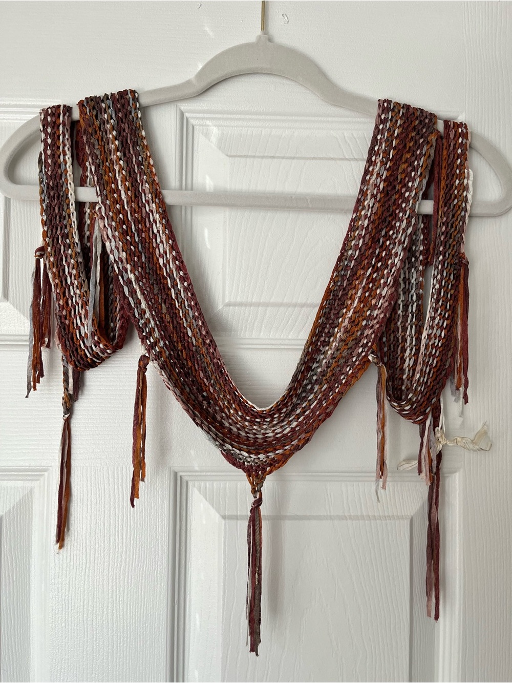 Hand knit by my mother just six months ago. Multi-Strand Fringe Scarf